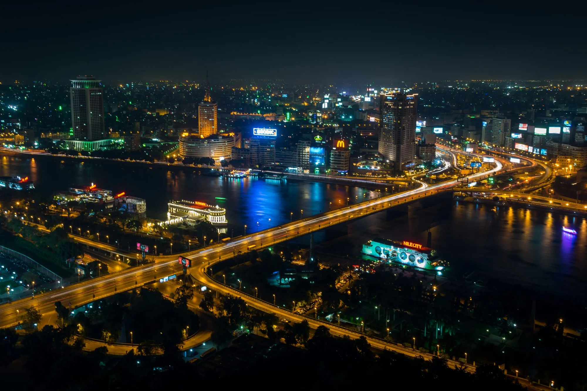 The Nile and Cairo skyline at night